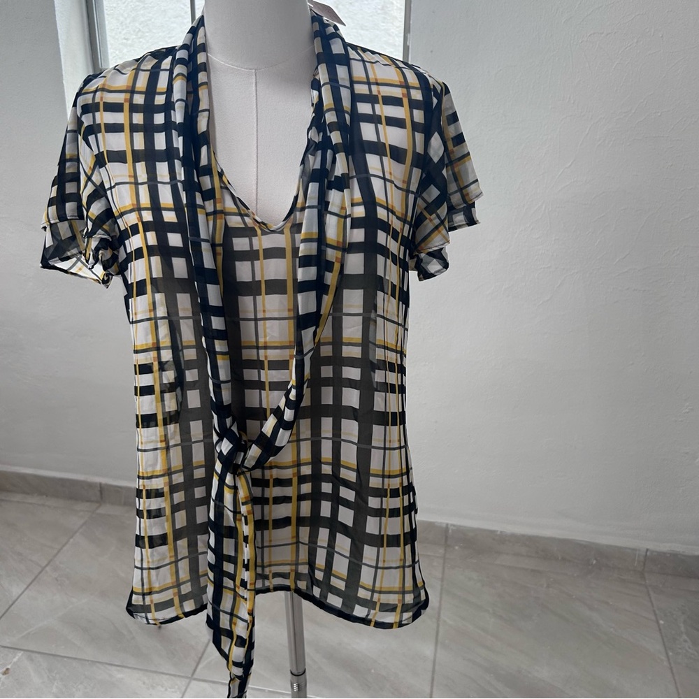 Stylish Black and Yellow Plaid Women's Sheer Top